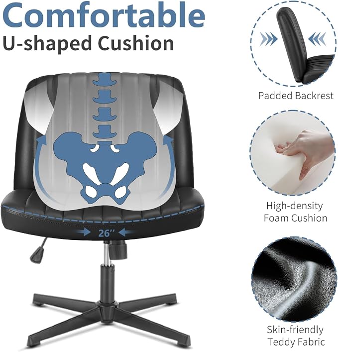 DUMOS Criss Cross Chair No Wheels, Wide Seat Cross Legged Office Desk Vanity Chair, Faux Leather Armless Height Adjustable Swivel Task Computer Chairs for Home, Study, Black PU