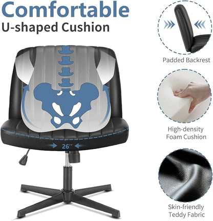 DUMOS Criss Cross Chair No Wheels, Wide Seat Cross Legged Office Desk Vanity Chair, Faux Leather Armless Height Adjustable Swivel Task Computer Chairs for Home, Study, Black PU