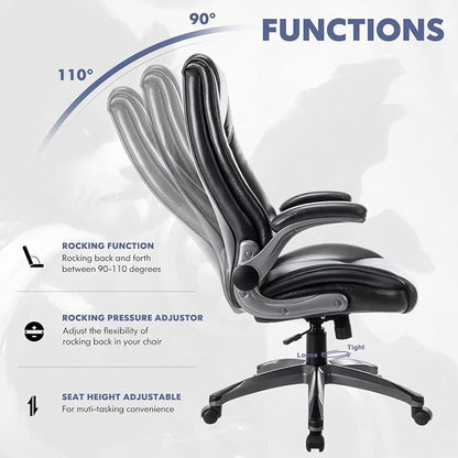 COLAMY Leather Executive Office Chair Set of 2 - High Back Ergonomic Home Computer Desk Chair with Padded Flip-up Arms, Adjustable Tilt Lock, Swivel Rolling Chair for Adult Working Study, Black