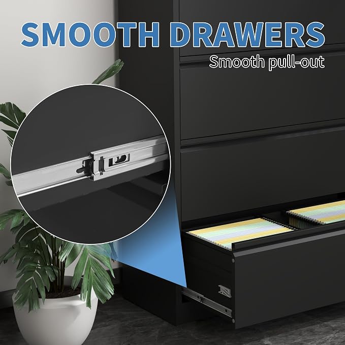 4 Drawer File Cabinets,Metal Office Storage Filing Cabinet with Lock,Black Lateral Filing Cabinet for Home Office,Horizontal Locking File Cabinet for Legal/Letter/A4,Assembly Required,Black