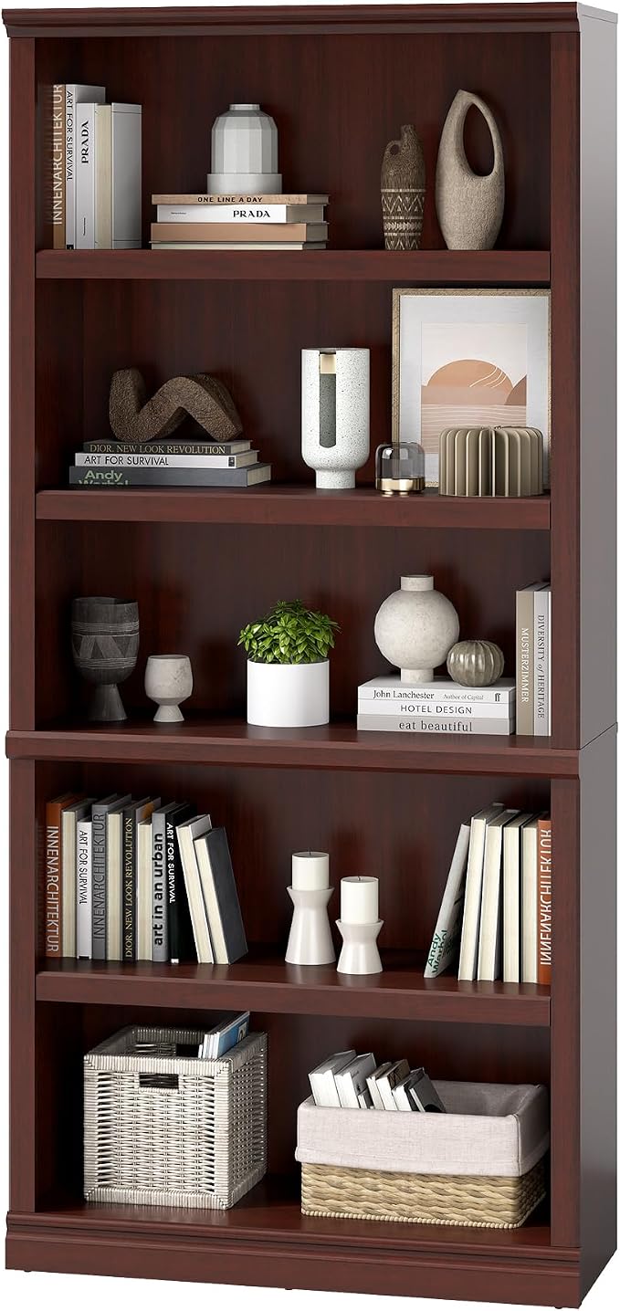 blini 5-Shelf Tall Bookcase Wooden Bookshelves 33in Wide Floor Standing Display Storage Shelves Mahogany Bookcase for Home Office, Living Room, Bed Room