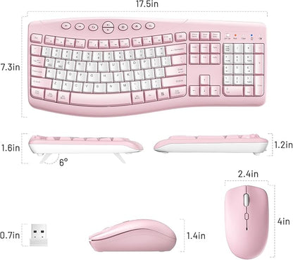 Wireless Keyboard and Mouse Combo,2.4G Full Size Ergonomic Curved Silent Keyboard with Fn Multimedia Keys for Office and Home, 3-DPI Quiet Mouse for Windows,Mac OS Desktop/Laptop/PC (Light Pink-B)