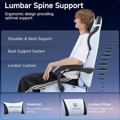 GTPLAYER Gaming Chair, Video Game Chairs with Footrest and Lumbar Support, Computer Chair for Adults with Extended Backrest, Ergonomic Reclining Silla Gamer, Velvet Fabric, Light Blue