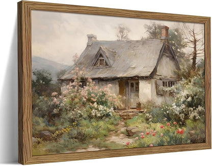 Framed Farmhouse Wall Decor, Country Cottage Pictures Wall Art, Pastoral Nature Landscape Canvas Print, Vintage Farm House Oil Painting Artwork for Bedroom Living Room – 8x10 inch