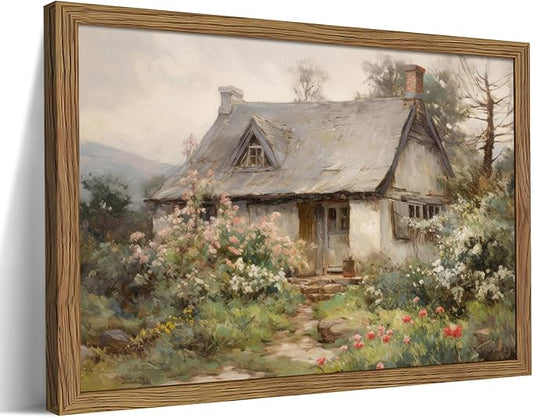 Framed Farmhouse Wall Decor, Country Cottage Pictures Wall Art, Pastoral Nature Landscape Canvas Print, Vintage Farm House Oil Painting Artwork for Bedroom Living Room – 12x16 inch