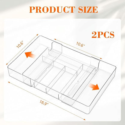 Briwooody 2 Pcs Large Expandable Acrylic Drawer Organizers, Grid Adjustable Drawer, Dividers Organizer for Desk, Makeup, Jewelry, Office, Kitchen Supplies (Clear,8 Compartments)