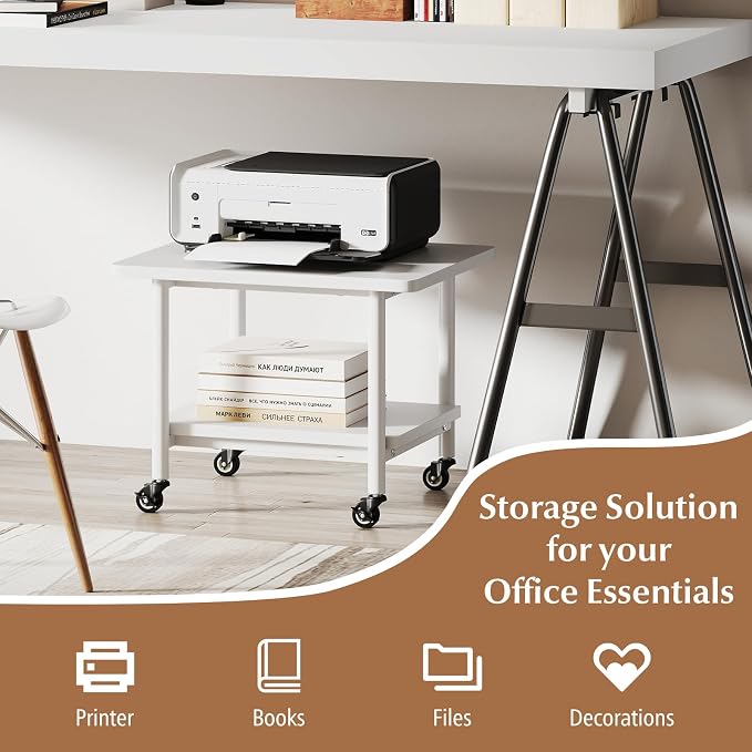 GOFLAME Under Desk Printer Stand, 2-Tier Mobile Printer Table with Storage Shelf, Metal Frame, Rolling Printer Cart Holder Storage Rack with Lockable Wheels for Home Office, White
