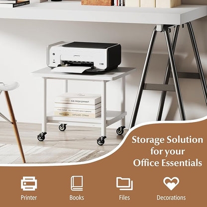 GOFLAME Under Desk Printer Stand, 2-Tier Mobile Printer Table with Storage Shelf, Metal Frame, Rolling Printer Cart Holder Storage Rack with Lockable Wheels for Home Office, White