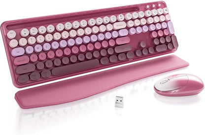 Wireless Keyboard and Mouse, Colorful 104-Key QWERTY with Round Keys, Phone Holder, Wrist Rest, Power Buttons, 2.4GHz USB for PC Laptop (Rose Red Gradient)