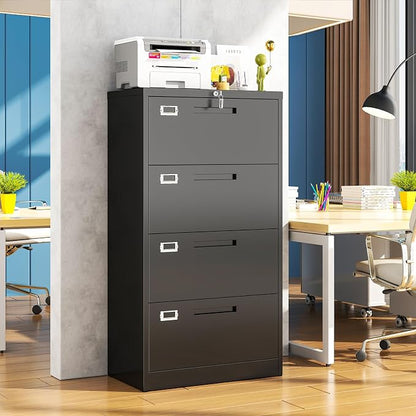 Metal Lateral 4 Drawer File Cabinet with Lock, Wide Filing Cabinet for Home Office Organization Hanging Files Letter/Legal/F4/A4 Size (Black, Assembly Required)
