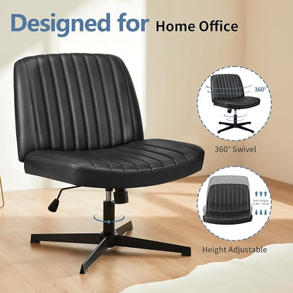 DUMOS Criss Cross Chair No Wheels, Wide Seat Cross Legged Office Desk Vanity Chair, Faux Leather Armless Height Adjustable Swivel Task Computer Chairs for Home, Study, Black PU