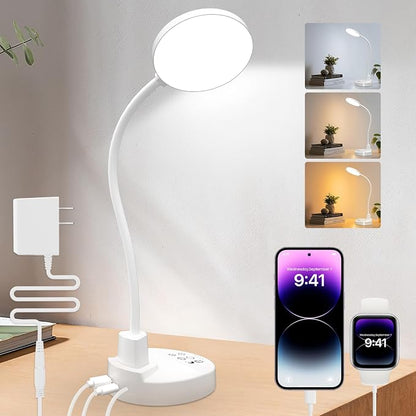15W LED Desk Lamp with USB Charging Ports – Dimmable Table Lamp with 3 Color Temps, 5 Brightness, 4 Timers, Flexible Gooseneck Light with Base, Eye-Caring Reading Light for Home Office, Bedroom, Study