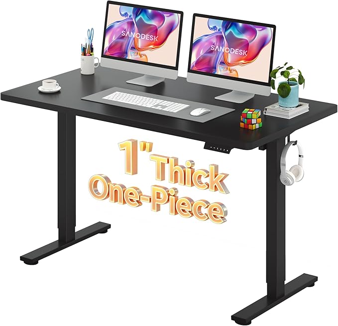 SANODESK Electric Standing Desk 55 x 28 Inches Whole-Piece Desktop Height Adjustable Stand Up Desk w/6-Button Controller Ergonomic Computer Desk for Home Office, Black Frame + Black Tabletop
