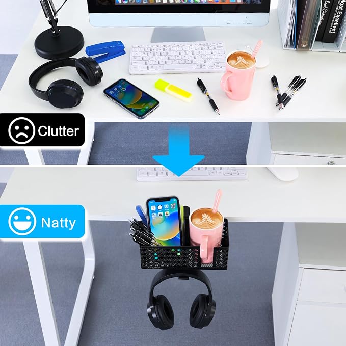 Desk cup holder, Clip on Cup Hook, Pen Holder Clamp Desk Organizer Pencil Holder Phone Holder Desk Storage for Office School Home (Black)
