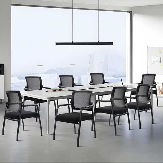 KLASIKA Desk Chair No Wheels with Adjustable Mesh Backrest, Arm Chair with Ergonomic Lumbar Support and Thickened Seats Cushion, Waiting Room Chairs for Office School Church Guest Reception, 8PACK