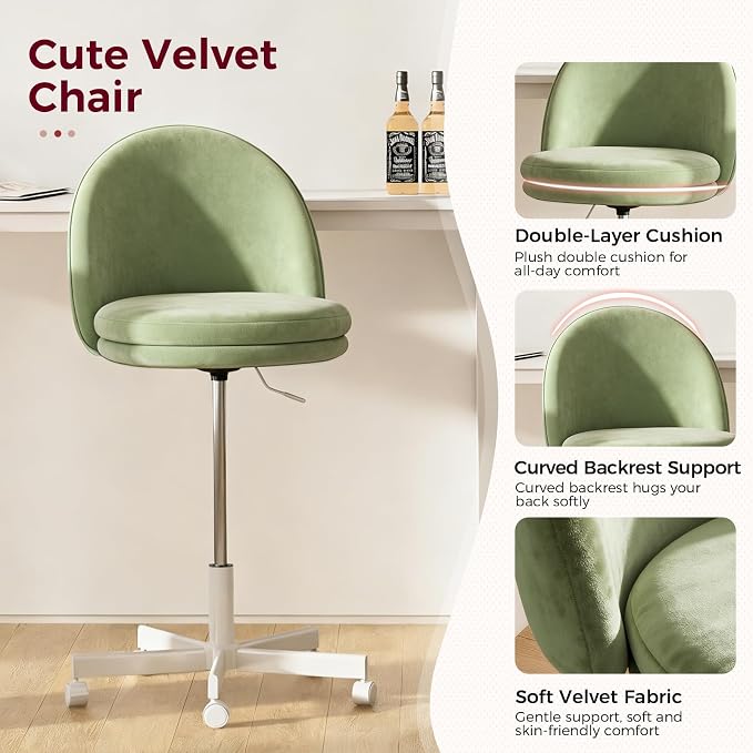 GTPLAYER Velvet Tall Office Chair with Wheels Vanity Chairs with Back, Versatile Height Use: Office to Bar Stools Small Ergonomic Comfy Armlees Computer Desk Chair with Bow Lumbar Pillow for Gift