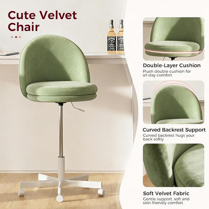GTPLAYER Velvet Tall Office Chair with Wheels Vanity Chairs with Back, Versatile Height Use: Office to Bar Stools Small Ergonomic Comfy Armlees Computer Desk Chair with Bow Lumbar Pillow for Gift