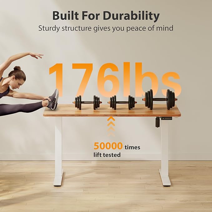 Cubiker Standing Desk, 55x28 Inches Sit Stand Home Office Desk, Electric Stand up Desk, Adjustable Desk with Splice Board, White Frame/Light Rustic Top