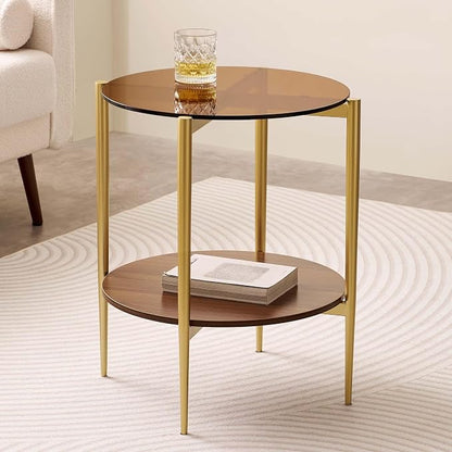 LumFurn Round Glass End Table, Mid-Century Modern Design Sofa Table for Living Room, D18 x H23, 2-Tier Structure, Amber Glass Top and Walnut Shelf, Sleek Conical Legs with Gold Finish Frame