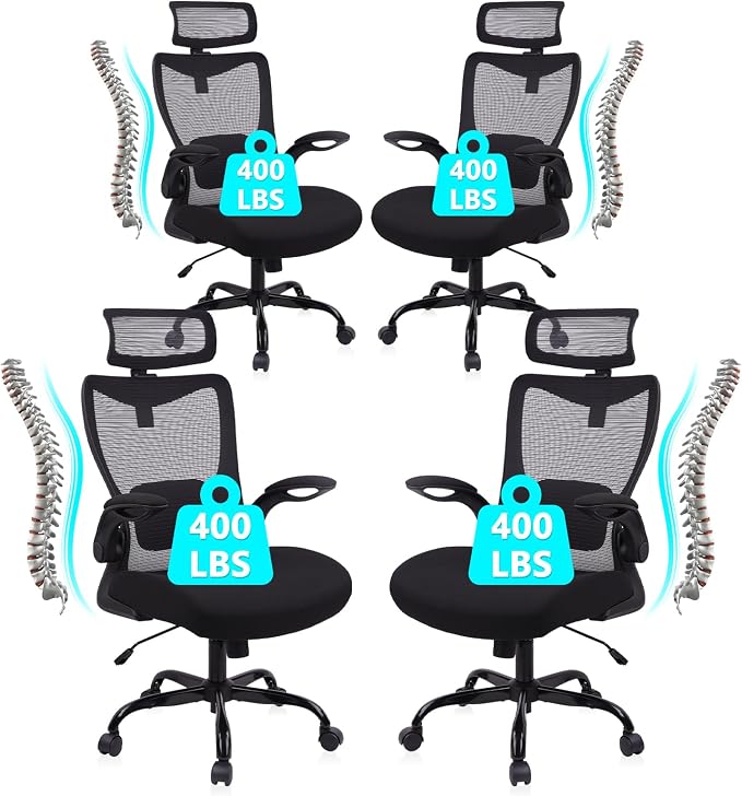 CLATINA Heavy Duty Ergonomic Mesh Office Chair 400LBS, Big and Tall Desk Chair with Adjustable Lumbar Support & Headrest, Flip Up Padded Arms, Swivel Computer Chair for Home, Conference, Black, 4 PACK