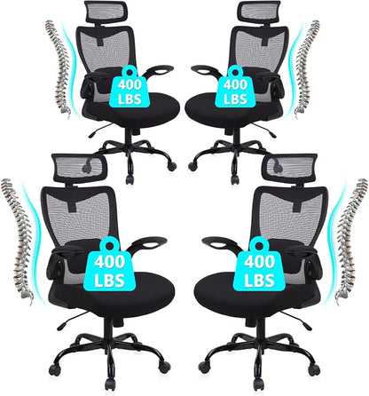 CLATINA Heavy Duty Ergonomic Mesh Office Chair 400LBS, Big and Tall Desk Chair with Adjustable Lumbar Support & Headrest, Flip Up Padded Arms, Swivel Computer Chair for Home, Conference, Black, 4 PACK