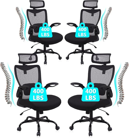 CLATINA Heavy Duty Ergonomic Mesh Office Chair 400LBS, Big and Tall Desk Chair with Adjustable Lumbar Support & Headrest, Flip Up Padded Arms, Swivel Computer Chair for Home, Conference, Black, 4 PACK