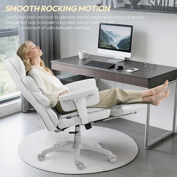 Dowinx Big and Tall Office Chair with Pocket Spring Cushion,High Back Computer Gaming Chairs with Adjustable Armrests,Executive Desk Chairs with Lumbar Support and Footrest,Fabric White