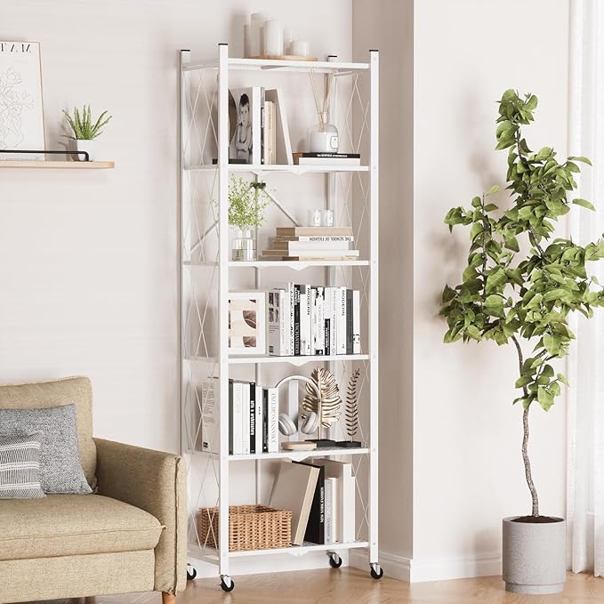 ALANNG 73.6 Inch Folding Bookshelf, 6 Tier Metal Bookcase and Bookshelves, Tall Shelves for Living Room Office Bedroom, Heavy Duty Book Shelve Free Standing Open (White, 3PACK)