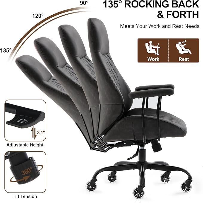 Office Chair with Rubber Wheels, Ergonomic Computer Chair 500 lbs, Leather Desk Chair with Lumbar Support, Executive Chair Adjustable Height & Recline, Dark Grey | Ergonomic, Lumbar Support, 360° Swivel & Rolling Wheels, Adjustable Height, for Adults &...