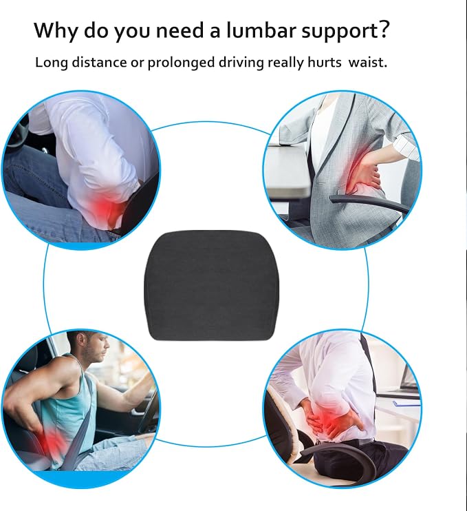 TOPABYTE Lumbar Support Pillow Ergonomic Memory Foam Lumbar Pillow for Lower Back Pain Relief - Back Cushion for Driving, Chair Support for Car, Office & Gaming Chairs (Black, 1PC)