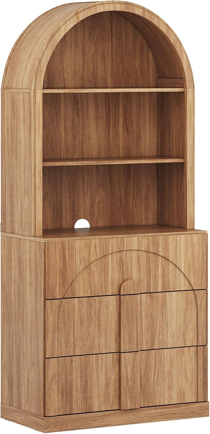 BELLEZE 71" Tall Storage Cabinet with 3 Drawers, Wooden Sideboard Buffet Cabinet with Hutch for Pantry and Kitchen Organizing, 5-Tier Modern Storage Unit for Living Room Home Office, Camel