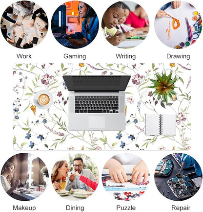 QIYI Floral Mouse Pad, Large Desk Mat for Desktop, Women Girls Watercolor Flowers Office Décor Desk Accessories, PU Leather Waterproof Gaming Mousepad, Wildflowers Desk Pad Computer Mat, 31.5" x 15.7"