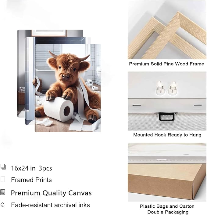 Highland Cow Funny Bathroom Wall Art Set of 3 Brown Cute Cow Animal Canvas Posters Prints Vintage Rustic Farmhouse Home Pictures Wall Decor Painting for Bathroom Restroom 16x24Inch Framed