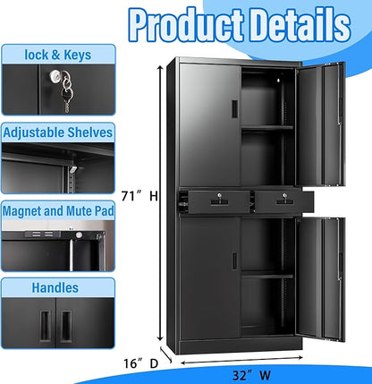 BESFUR Metal Storage Cabinet with 2 Drawers and Adjustable Shelves, 71" H Locking Storage Cabinet for Office, Garage, Home, School, Utility -Black
