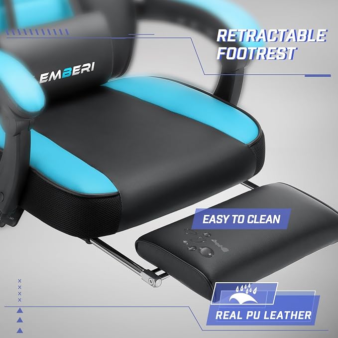 LEMBERI Big and Tall Gaming Chair 400lb Capacity, Heavy-Duty Office Chair with Reinforced Footrest, Wide Seat High Back PC Desk Chair with Linkage Armrests, Thickened Steel Frame, PU Leather, Blue