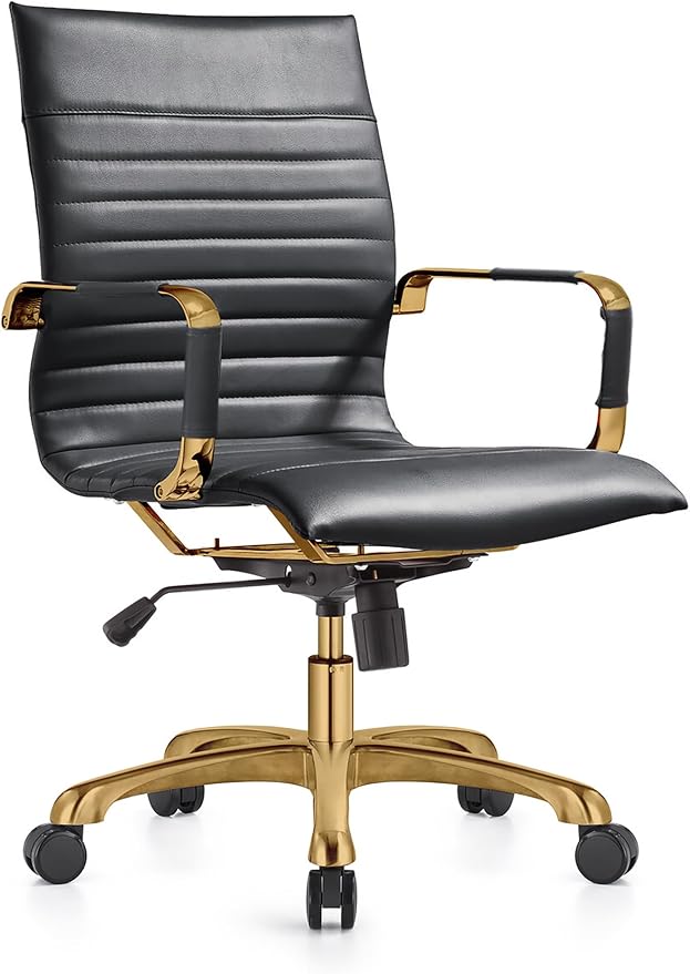LeisureMod Harris Modern Ergonomic Executive Office Chair, High-Back Leather Conference Desk Chair with Adjustable Height, Tilt Control, 360° Swivel & Gold Frame for Home Office