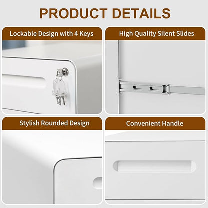 3 Drawers File Cabinet, Mobile Filing Cabinet with Lock, with 25 File Folders, Steel, Fully Assembled Except Casters, for Home Office, White