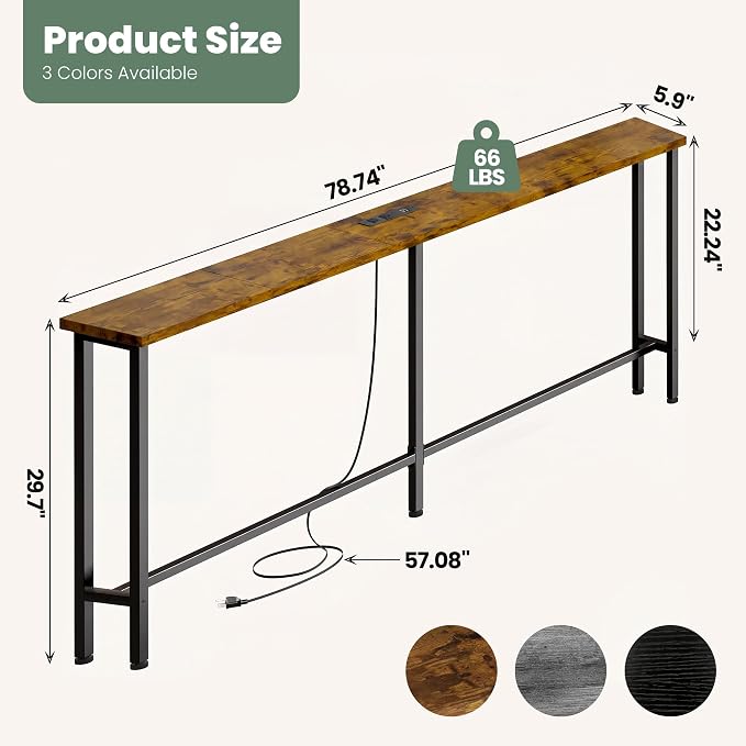 GRLEAF 78" Sofa Table with Built-in Power Strip (2 AC Outlets & 2 USB Ports) – 4.9ft Power Cord, Metal Frame, Easy Assembly, Long Couch Table Behind Sofa, Living Room and Home Office | Rustic Brown
