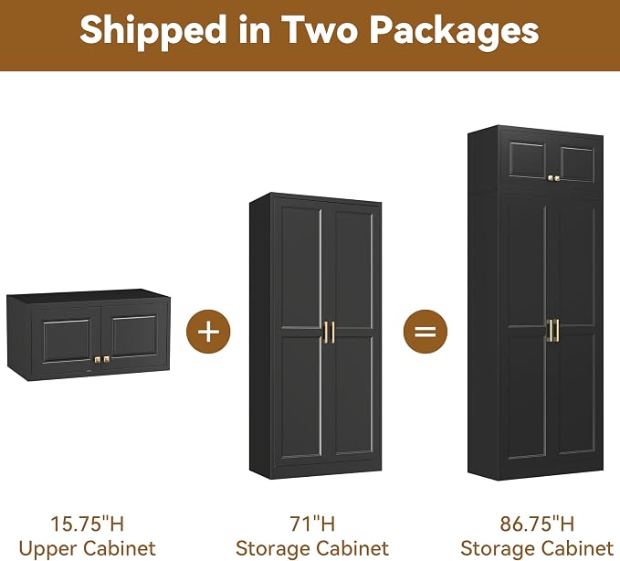 Polup Kitchen Pantry Cabinet, 86 Inch Tall Metal Storage Cabinet, Large Pantry cabinets with Doors and Shelves, Black Storage Cabinets for Garage, Living, Dining, Office, Bathroom, Assembly Required