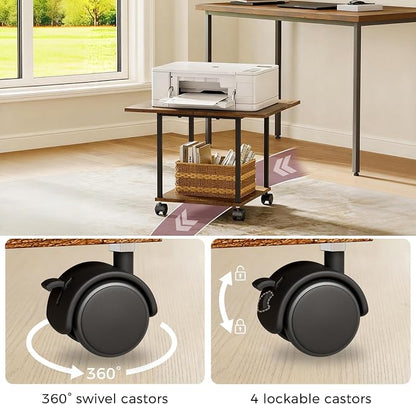 BEWISHOME 2-Tier Industrial Mobile Printer Stand, Rolling Cart with Storage Shelf, Lockable Wheels, for Home, Office (Brown) BDZ01Z