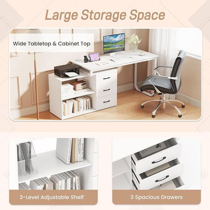 GOFLAME Reversible L Shaped Computer Desk with Charging Station, 55” Home Office Desk with 3 Drawers, 3-Level Adjustable Shelf, Convertible Study Writing Desk for Small Space, White