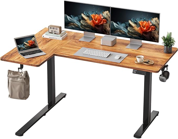 YIHAYO Reversiable L-Shaped Electric Standing Desk, 55 Inches Stand Up Corner Desk, Sit and Stand Up for Work Office Home, Ergonomic Rising Computer Table with Splice Board, Rustic Brown