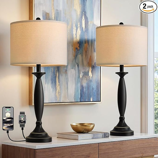 Oneach 28" Modern Table Lamps Set of 2 for Living Room, Black Metal Bedside Lamps with USB Ports, Nightstand Lamps Set for Bedroom End Table Home Office(Bulbs not Included)