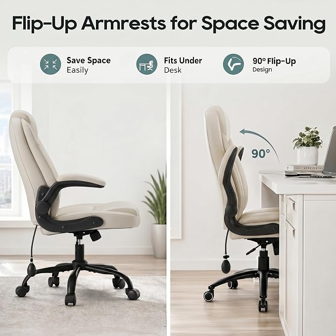 MALOL Leather Office Chair, Computer Desk Chair with Adjustable Lumbar Support, Thick Cushion, Flip-Up Arms and Ergonomic Back, Comfy Executive Office Chair for Home Office Gaming,Beige