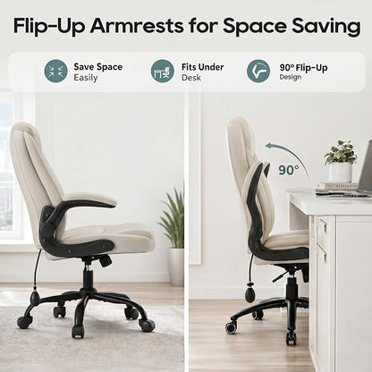 MALOL Leather Office Chair, Computer Desk Chair with Adjustable Lumbar Support, Thick Cushion, Flip-Up Arms and Ergonomic Back, Comfy Executive Office Chair for Home Office Gaming,Beige