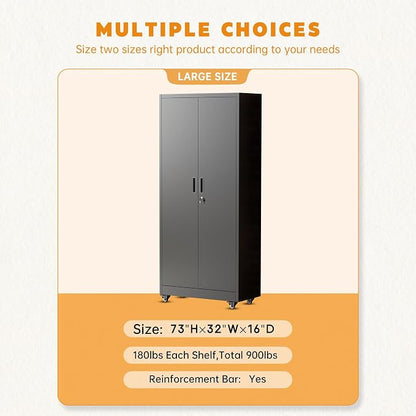 Greenvelly 73" Metal Storage Cabinet with Wheels, Lockable Rolling Metal Garage Cabinets with 2 Doors and 4 Adjustable Shelves, Rolling Tool Cabinet for Garage, Home Office, School