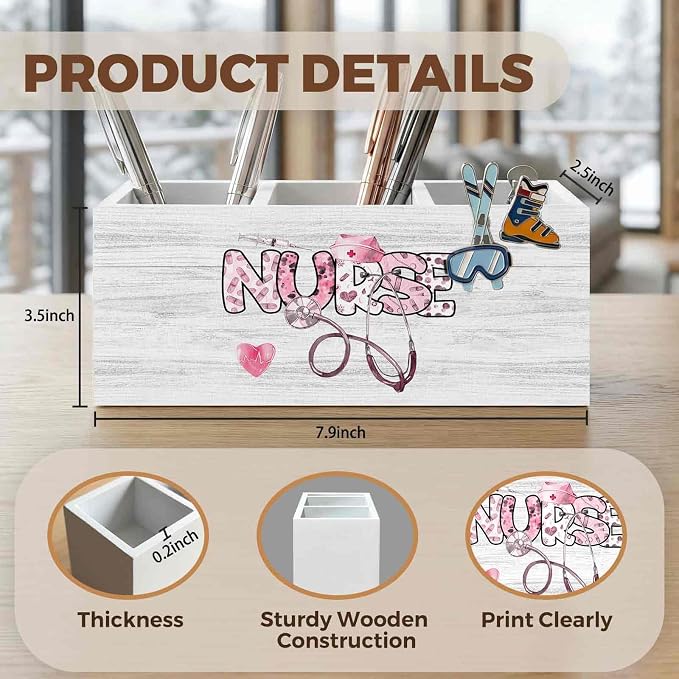 Pink Nurse Office Pencil Pen Holder for Desk Organizer, Nursing Week Gifts, Nurse Appreciation Gifts, Gift for Nurses Female Women Wooden Box Decorations for Office Desk Tabletop Decor