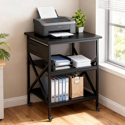 Black 3 Tier Mobile Printer Stand Large Rolling Storage Cart | Built in power outlet ample storage space locking casters overall size 23.6 x 23.6 x 30 inches for home office organization