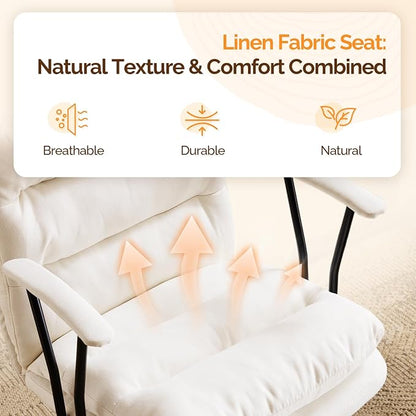 VINGLI Padded White Desk Chair with/No Wheels,Dual-Base,Removable Armrests,Adjustable Comfy Rolling Swivel Computer Task Nail Tech Chair for Home Office,Sewing,Makeup Vanity,Teen,Linen Fabric