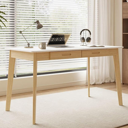 Timechee 47 Inch Compact Computer Gaming Desk, White Study Work Office Desk with 2 Storage Drawers, Rectangular Study Reading Table, Simple Computer Writing Table for Home Office, Living Room